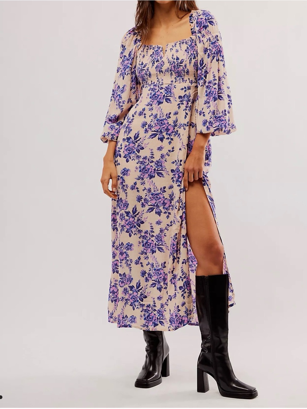 Free People Jaymes Midi Dress in the iris combo floral print,smocked bodice,XS/S